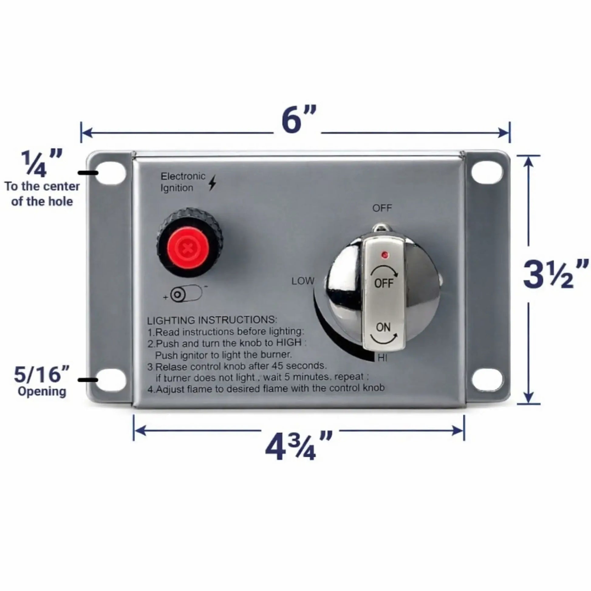 Dimensioned front view of a stainless steel electronic ignition control panel showing a 6-inch width, 3.5-inch height, mounting hole spacing, ignition button placement, and flame control knob labeled from off to high.