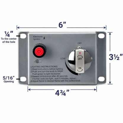 Dimensioned front view of a stainless steel electronic ignition control panel showing a 6-inch width, 3.5-inch height, mounting hole spacing, ignition button placement, and flame control knob labeled from off to high.