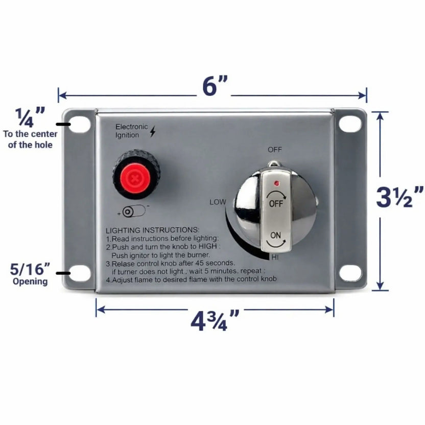 Dimensioned front view of a stainless steel electronic ignition control panel showing a 6-inch width, 3.5-inch height, mounting hole spacing, ignition button placement, and flame control knob labeled from off to high.
