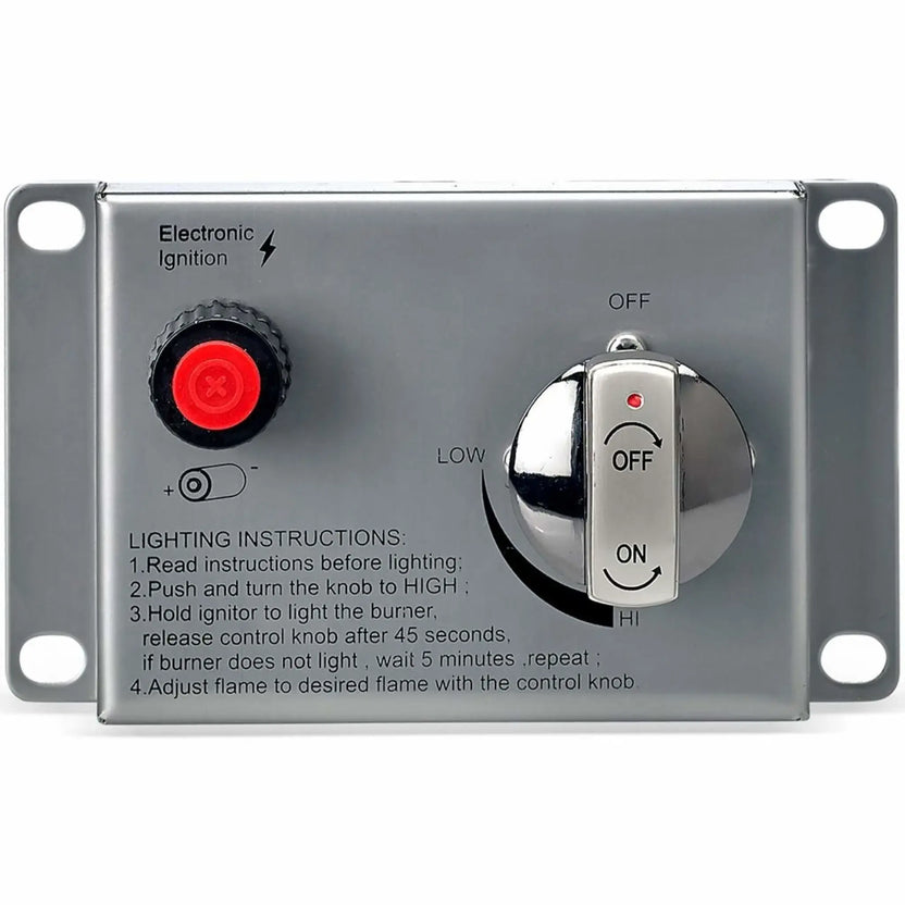 Close-up view of a stainless steel CSA-certified fire pit control panel featuring a red electronic ignition push button, polished flame adjustment knob, printed lighting instructions, and durable outdoor-rated construction.
