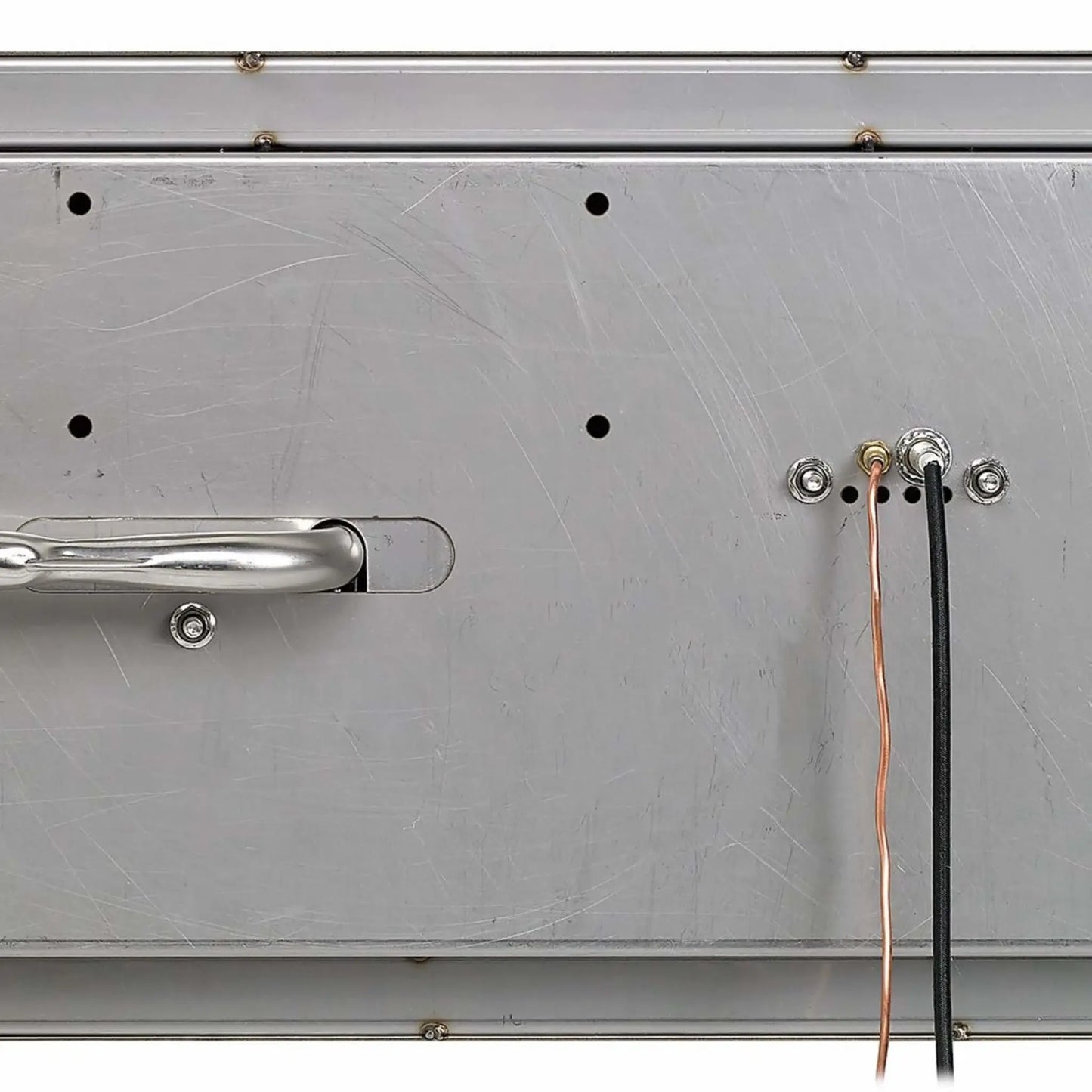Bottom view of a stainless steel linear drop-in fire pit pan showing the underside construction, mounting hardware points, and gas and ignition line connections. The image highlights the reinforced stainless steel base, pre-drilled access holes, and wiring ports used for CSA-certified installation in outdoor fire features.