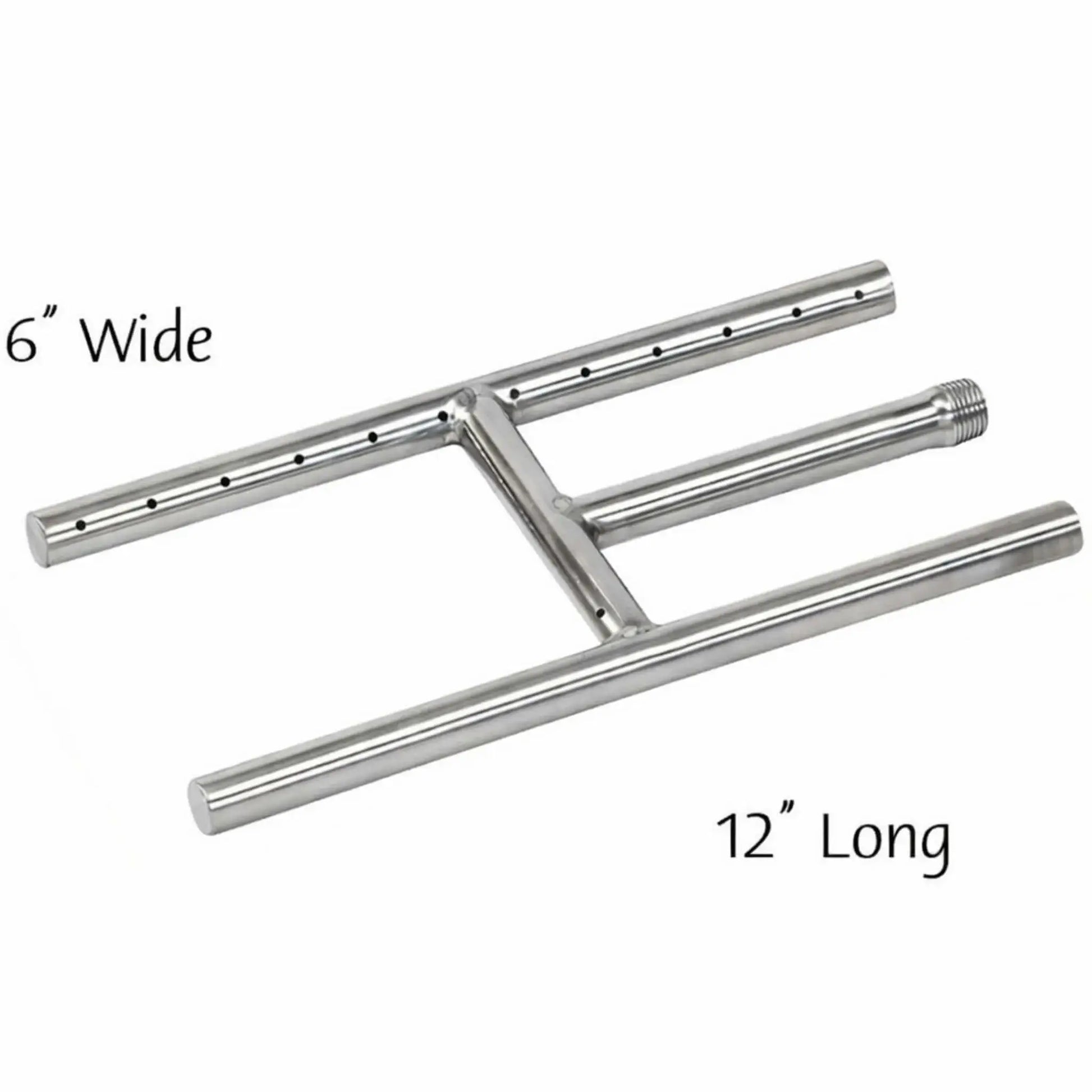 Top-down view of a 12-inch stainless steel H-burner showing labeled dimensions, including a 6-inch wide burner span and 12-inch length, highlighting the drilled burner ports and center support connection for accurate fireplace fitment.