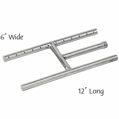 Top-down view of a 12-inch stainless steel H-burner showing labeled dimensions, including a 6-inch wide burner span and 12-inch length, highlighting the drilled burner ports and center support connection for accurate fireplace fitment.