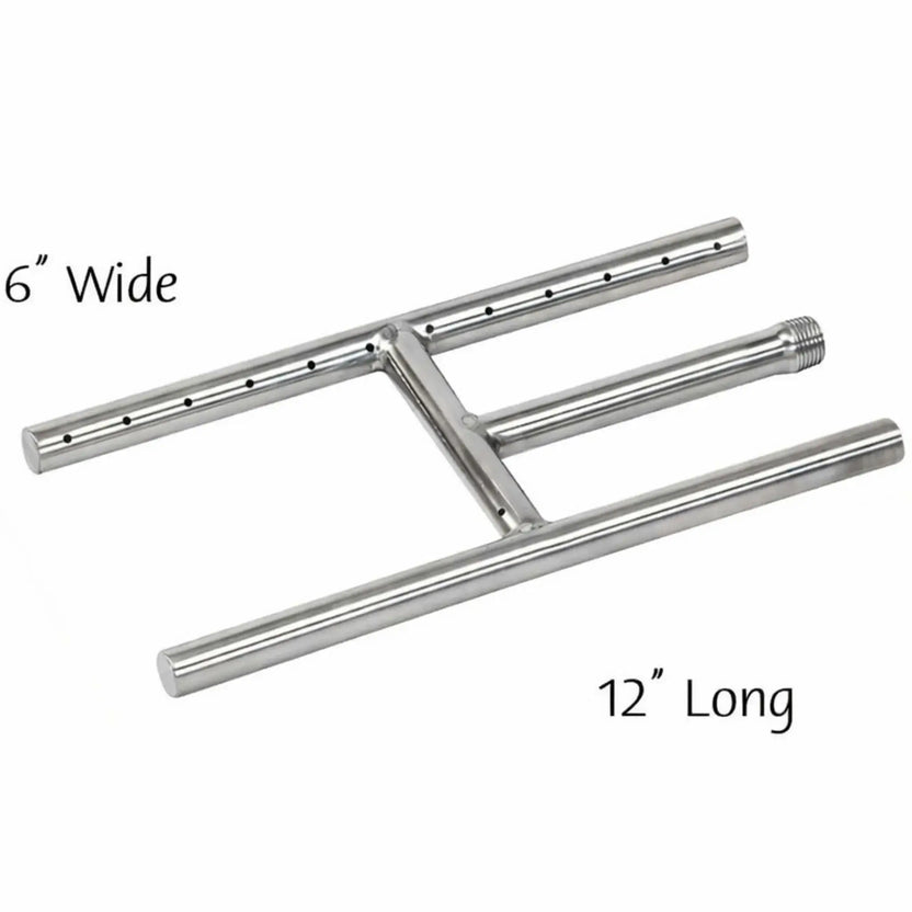 Top-down view of a 12-inch stainless steel H-burner showing labeled dimensions, including a 6-inch wide burner span and 12-inch length, highlighting the drilled burner ports and center support connection for accurate fireplace fitment.