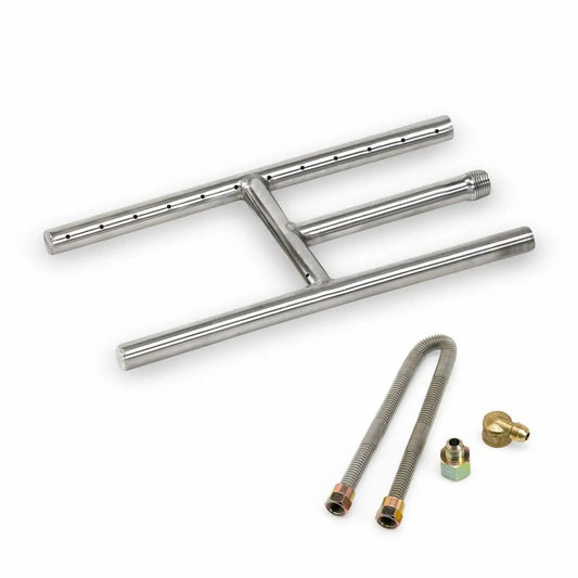 Stainless steel H-style fireplace burner with a compact 12-inch width, featuring precision-drilled flame ports along the horizontal burner bars and a center gas inlet, designed for even flame distribution in vented gas fireplaces.