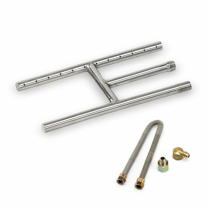 Stainless steel H-style fireplace burner with a compact 12-inch width, featuring precision-drilled flame ports along the horizontal burner bars and a center gas inlet, designed for even flame distribution in vented gas fireplaces.