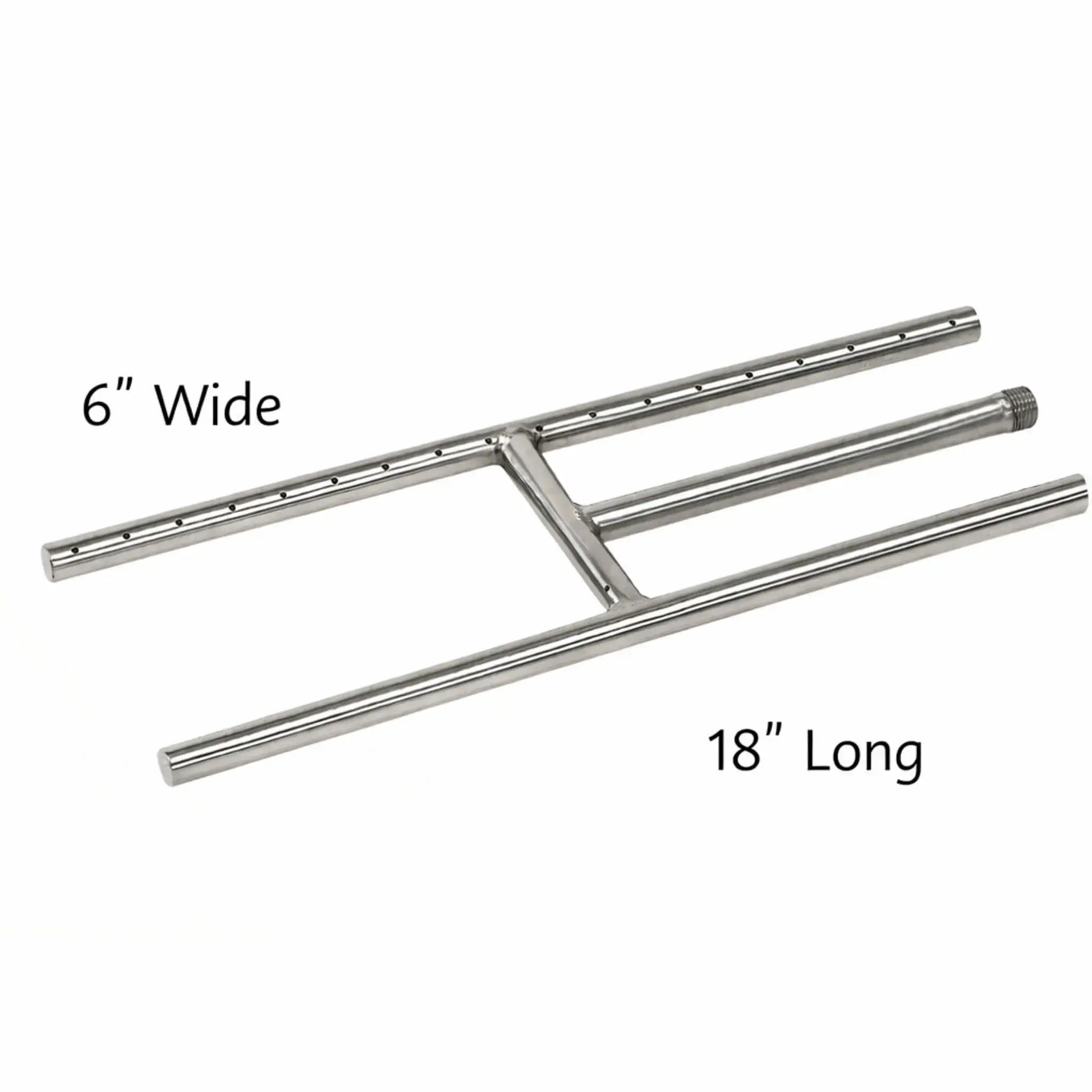 Detailed dimension image of an 18-inch stainless steel H-burner showing a 6-inch wide flame spread, extended burner length, and clearly visible port placement, ideal for sizing and installation planning in gas fireplace applications.