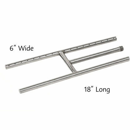 Detailed dimension image of an 18-inch stainless steel H-burner showing a 6-inch wide flame spread, extended burner length, and clearly visible port placement, ideal for sizing and installation planning in gas fireplace applications.