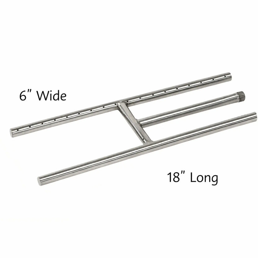 Detailed dimension image of an 18-inch stainless steel H-burner showing a 6-inch wide flame spread, extended burner length, and clearly visible port placement, ideal for sizing and installation planning in gas fireplace applications.