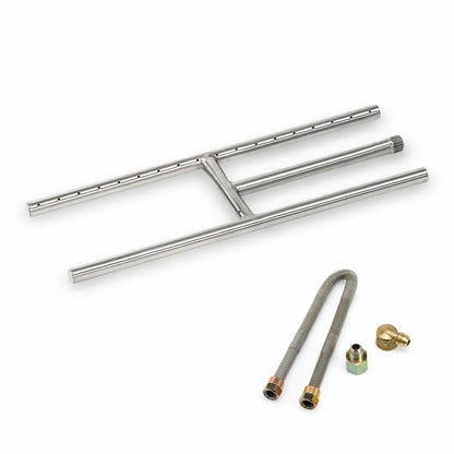 Heavy-duty stainless steel H-burner designed for gas fireplaces, measuring 18 inches long with evenly spaced flame ports, a center gas inlet tube, and reinforced crossbar construction for consistent flame performance.