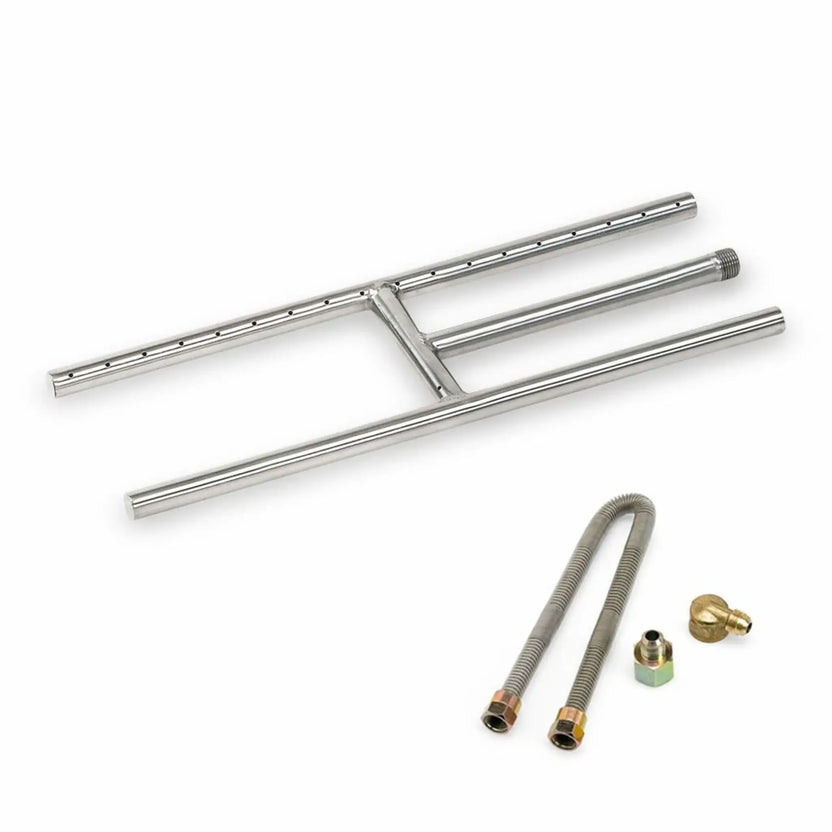Heavy-duty stainless steel H-burner designed for gas fireplaces, measuring 18 inches long with evenly spaced flame ports, a center gas inlet tube, and reinforced crossbar construction for consistent flame performance.