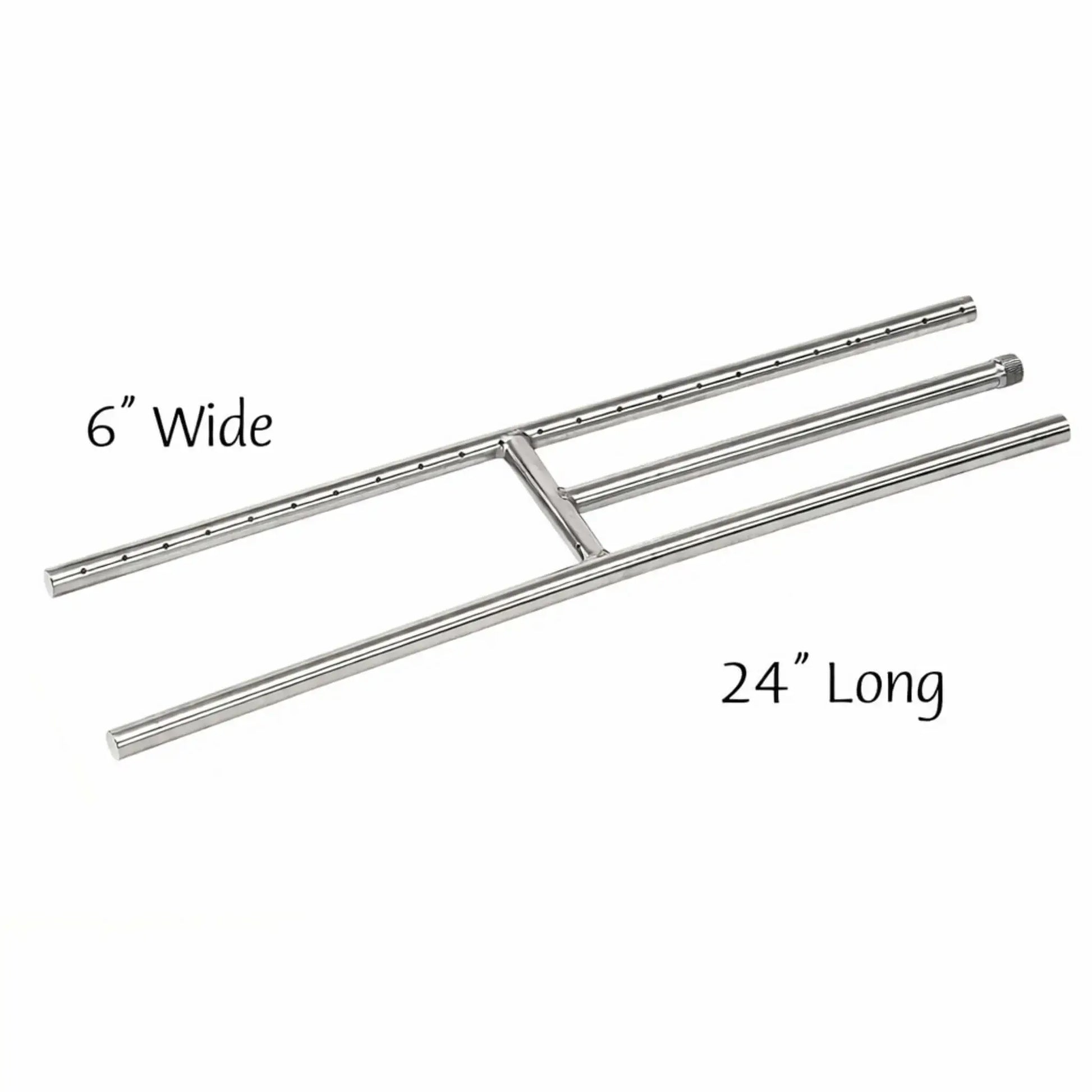 Dimensional reference image of a 24-inch stainless steel fireplace H burner showing overall length, 6-inch width, burner tube layout, flame port spacing, and gas connection placement for accurate fireplace installation planning.