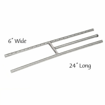 Dimensional reference image of a 24-inch stainless steel fireplace H burner showing overall length, 6-inch width, burner tube layout, flame port spacing, and gas connection placement for accurate fireplace installation planning.