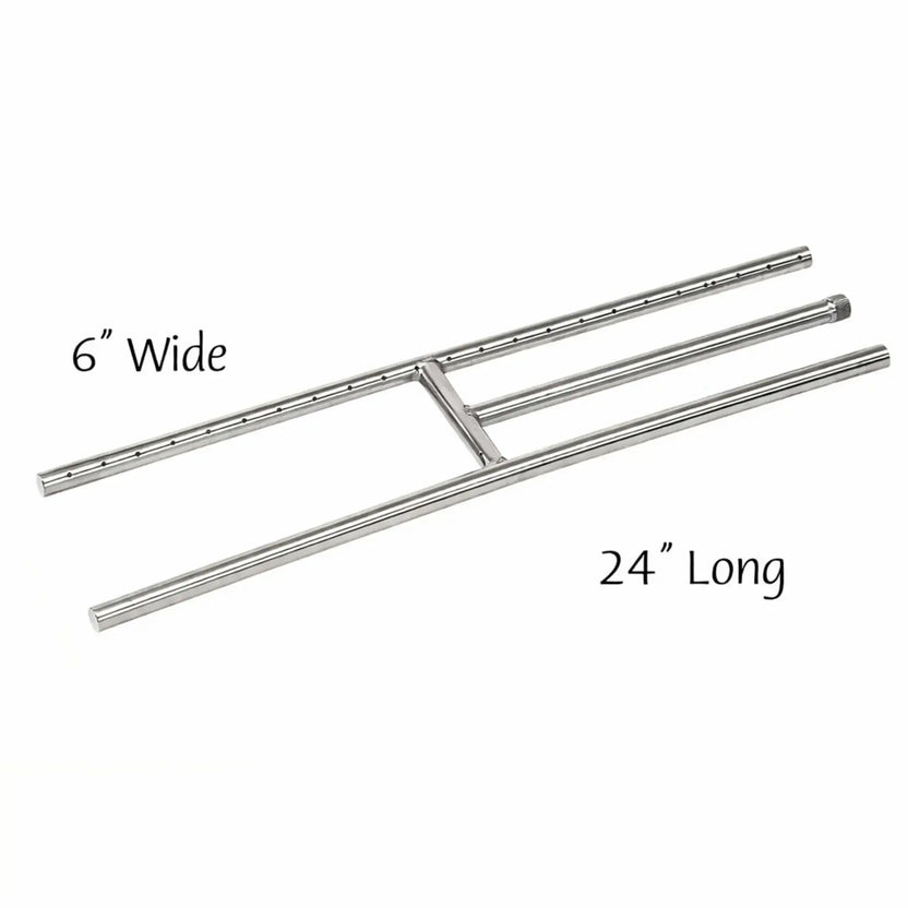 Dimensional reference image of a 24-inch stainless steel fireplace H burner showing overall length, 6-inch width, burner tube layout, flame port spacing, and gas connection placement for accurate fireplace installation planning.