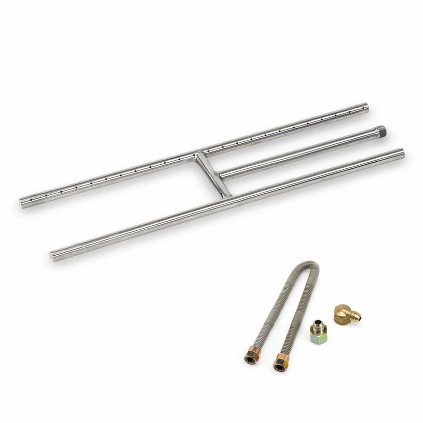24-inch stainless steel fireplace H burner featuring an H-shaped gas burner design with evenly spaced flame ports, polished stainless steel construction, and integrated gas inlet for use in vented or vent-free fireplaces.