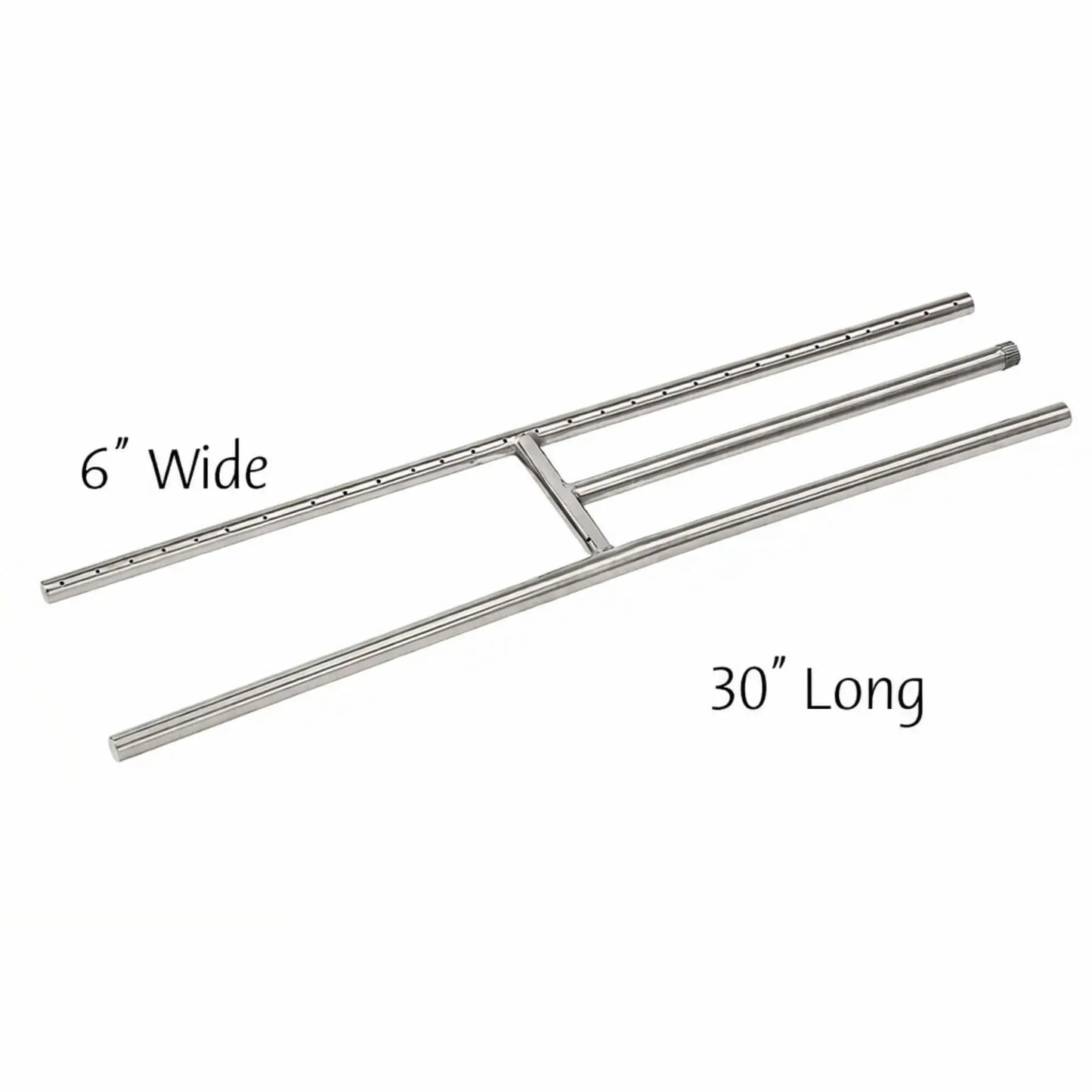 Detailed dimension diagram of a 30-inch stainless steel fireplace H burner illustrating overall burner length, 6-inch width, burner tube alignment, and gas inlet location for proper fireplace fit and burner placement.