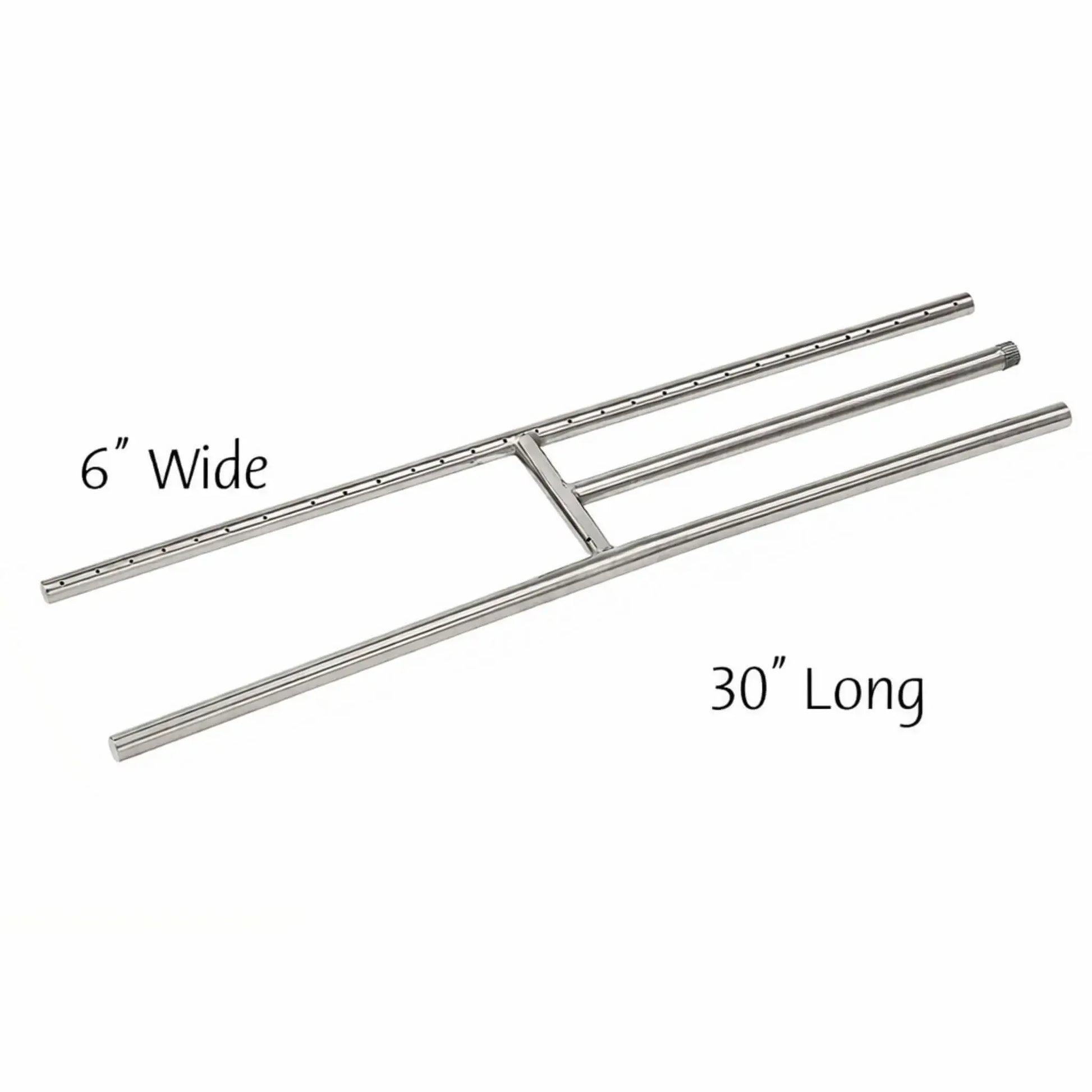 Detailed dimension diagram of a 30-inch stainless steel fireplace H burner illustrating overall burner length, 6-inch width, burner tube alignment, and gas inlet location for proper fireplace fit and burner placement.