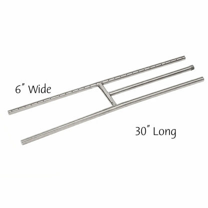 Detailed dimension diagram of a 30-inch stainless steel fireplace H burner illustrating overall burner length, 6-inch width, burner tube alignment, and gas inlet location for proper fireplace fit and burner placement.
