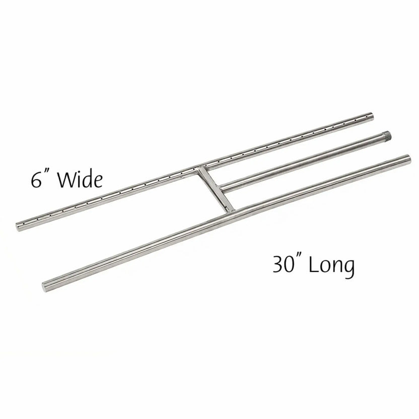 Detailed dimension diagram of a 30-inch stainless steel fireplace H burner illustrating overall burner length, 6-inch width, burner tube alignment, and gas inlet location for proper fireplace fit and burner placement.
