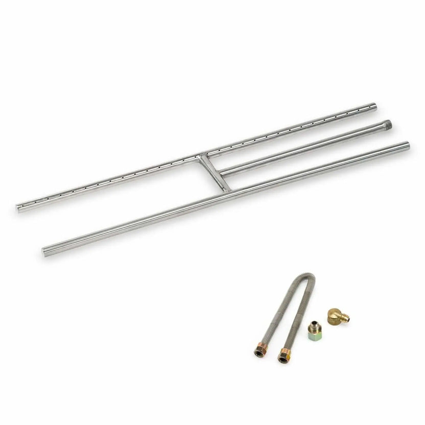 30-inch stainless steel fireplace H burner with extended H-style burner configuration, precision-drilled flame ports, smooth welded joints, and durable stainless steel tubing designed for wide fireplace openings.