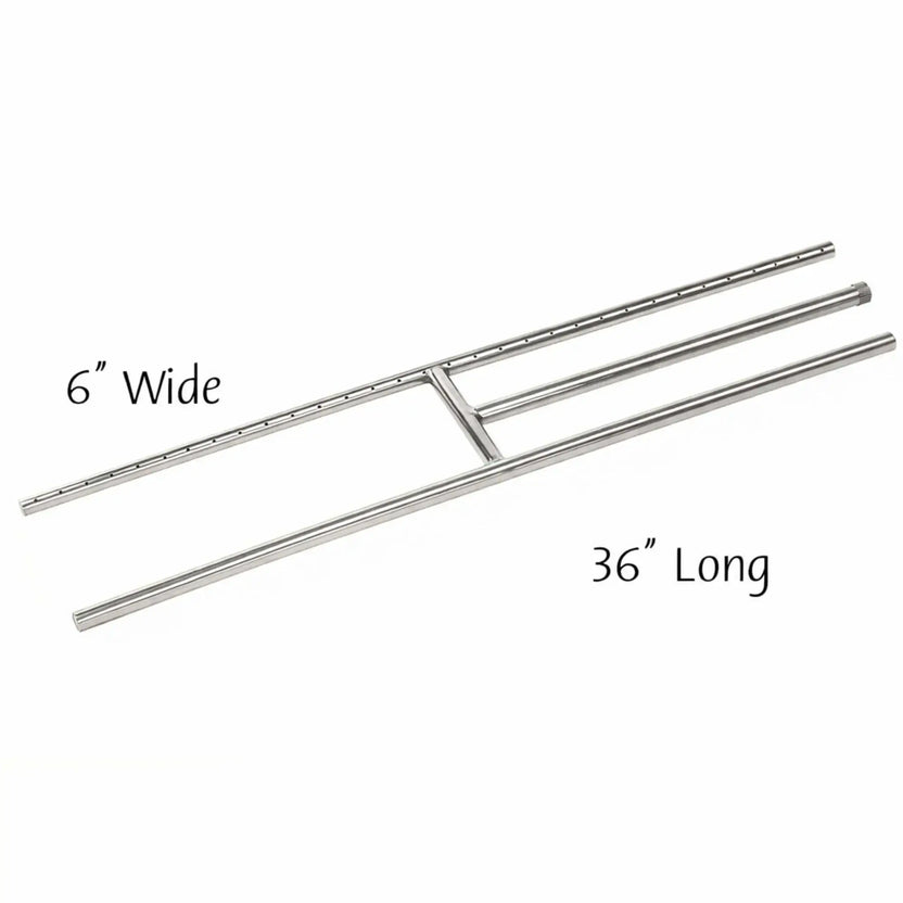 Stainless steel 36-inch H-style fireplace burner shown with dimension callouts, highlighting the overall length and burner width for accurate sizing in gas fireplace and fire pit installations.