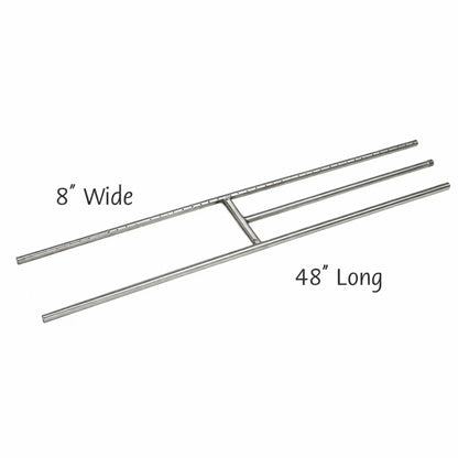 Dimensioned diagram of a 48-inch stainless steel H-style fireplace burner, showing total length and width measurements to assist with proper fit in gas fireplace and fire feature designs.