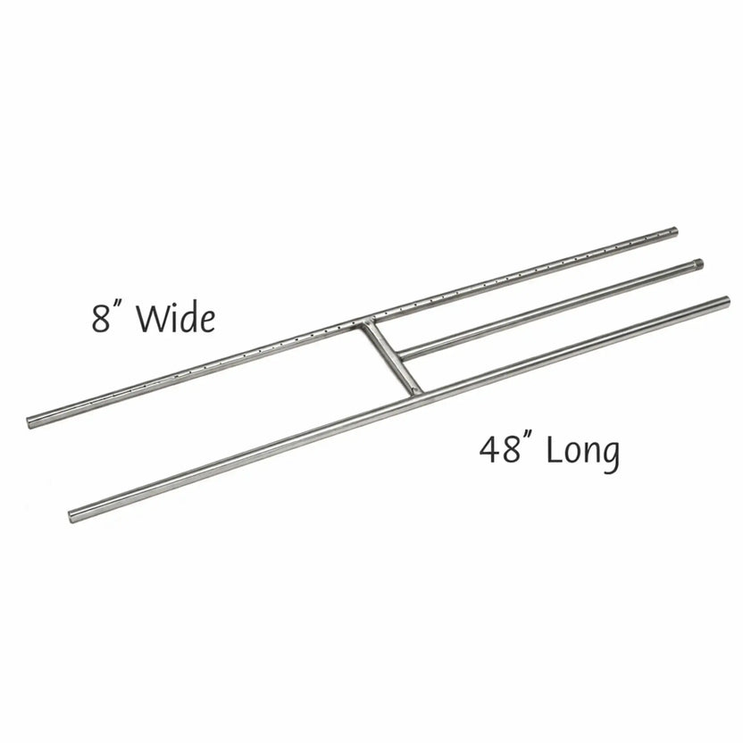 Dimensioned diagram of a 48-inch stainless steel H-style fireplace burner, showing total length and width measurements to assist with proper fit in gas fireplace and fire feature designs.