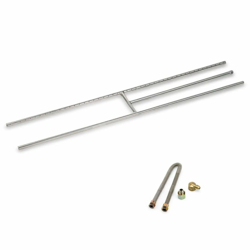 48-inch stainless steel H-shaped fireplace burner featuring long linear burner bars with precision-drilled flame ports, displayed with included gas flex lines and brass fittings on a white background.