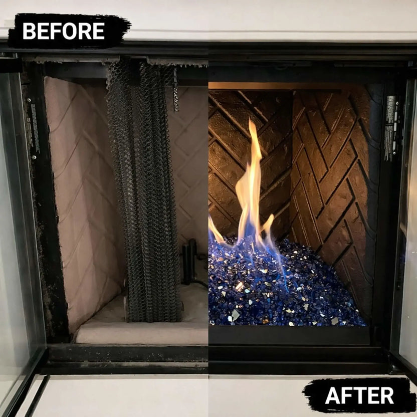 Split before-and-after image showing a traditional gas fireplace conversion, with the left side displaying an empty firebox with fire curtain and bare interior, and the right side upgraded with a stainless steel H-style burner filled with blue fire glass producing tall, clean flames against a herringbone firebrick backdrop.