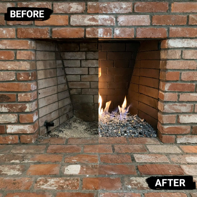 Before and after comparison of a brick fireplace retrofit, where the left side shows a plain brick firebox with no burner installed, and the right side features a modern stainless steel H burner with reflective fire glass media and active flames, highlighting a clean gas fireplace transformation.