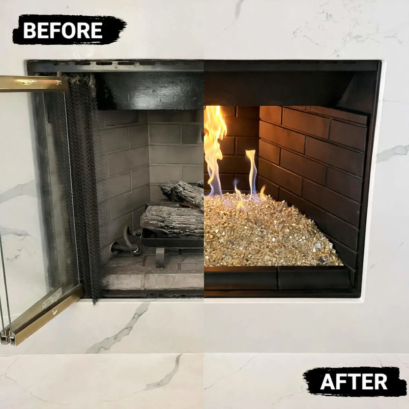 Side-by-side fireplace upgrade image showing a dated gas log setup on the left and a contemporary stainless steel H burner on the right, filled with golden fire glass and producing vibrant flames inside a sleek, black firebox surround.