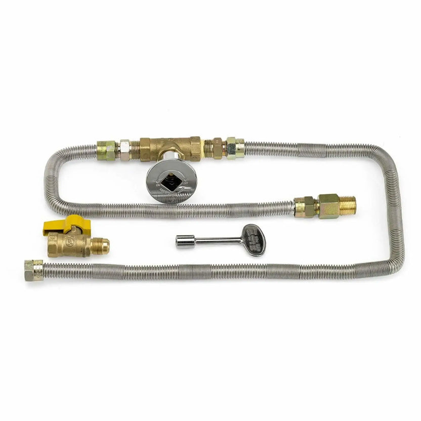 Complete natural gas fire pit hose kit featuring stainless steel flex lines, brass shut-off valve, key valve, gas key, and connection fittings, laid out to show all components required for a standard-capacity outdoor fire pit installation.