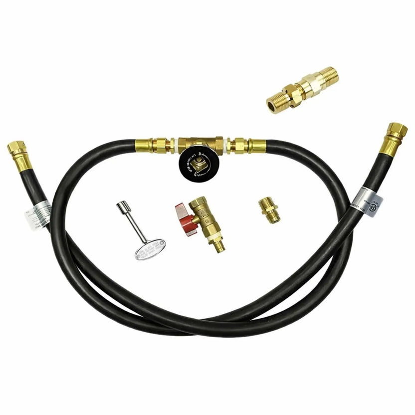Propane gas hardline fire pit installation kit including black gas hose, brass ball valve with red handle, gas key, fittings, and connectors, arranged neatly to display a full standard-capacity propane fire pit setup.