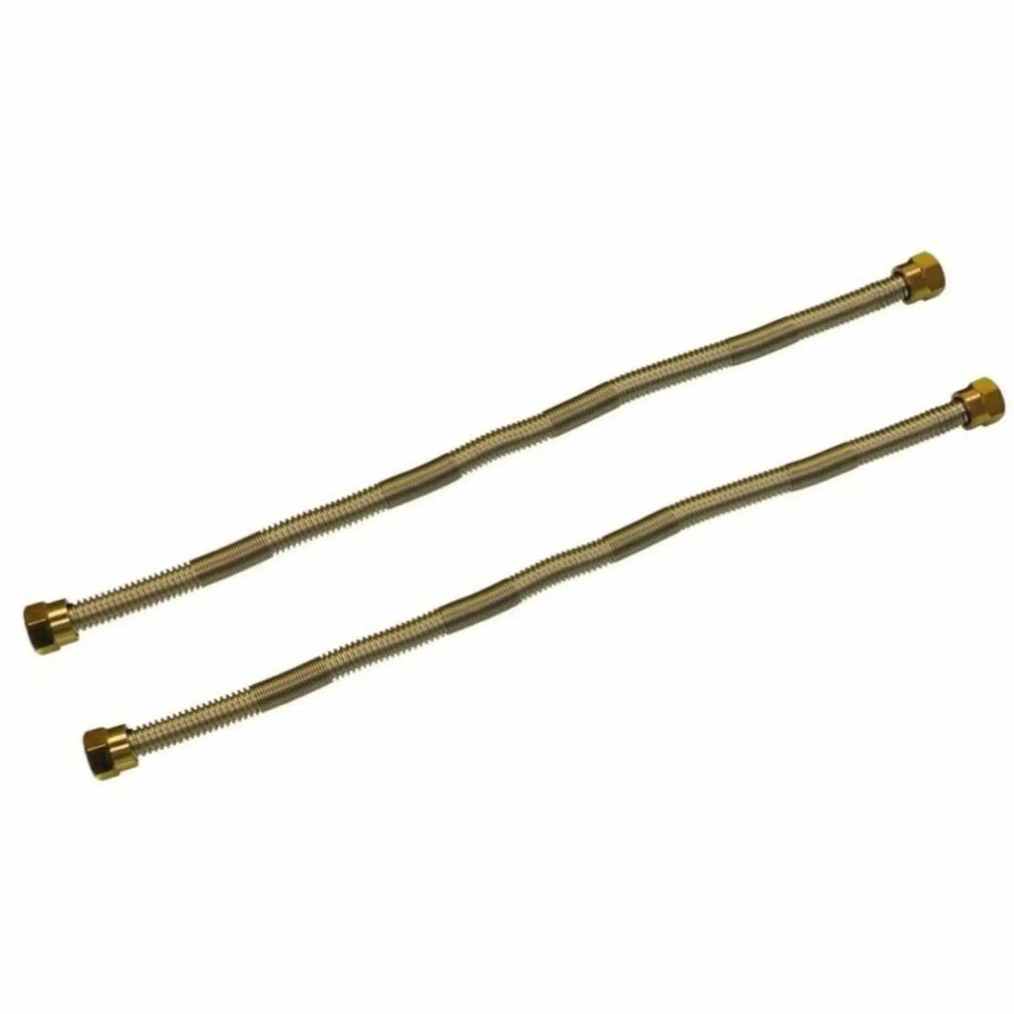 Two stainless steel whistle-free flexible gas lines designed for fire pit installations, featuring corrugated tubing and brass end fittings to reduce noise and provide a smooth, quiet gas flow.