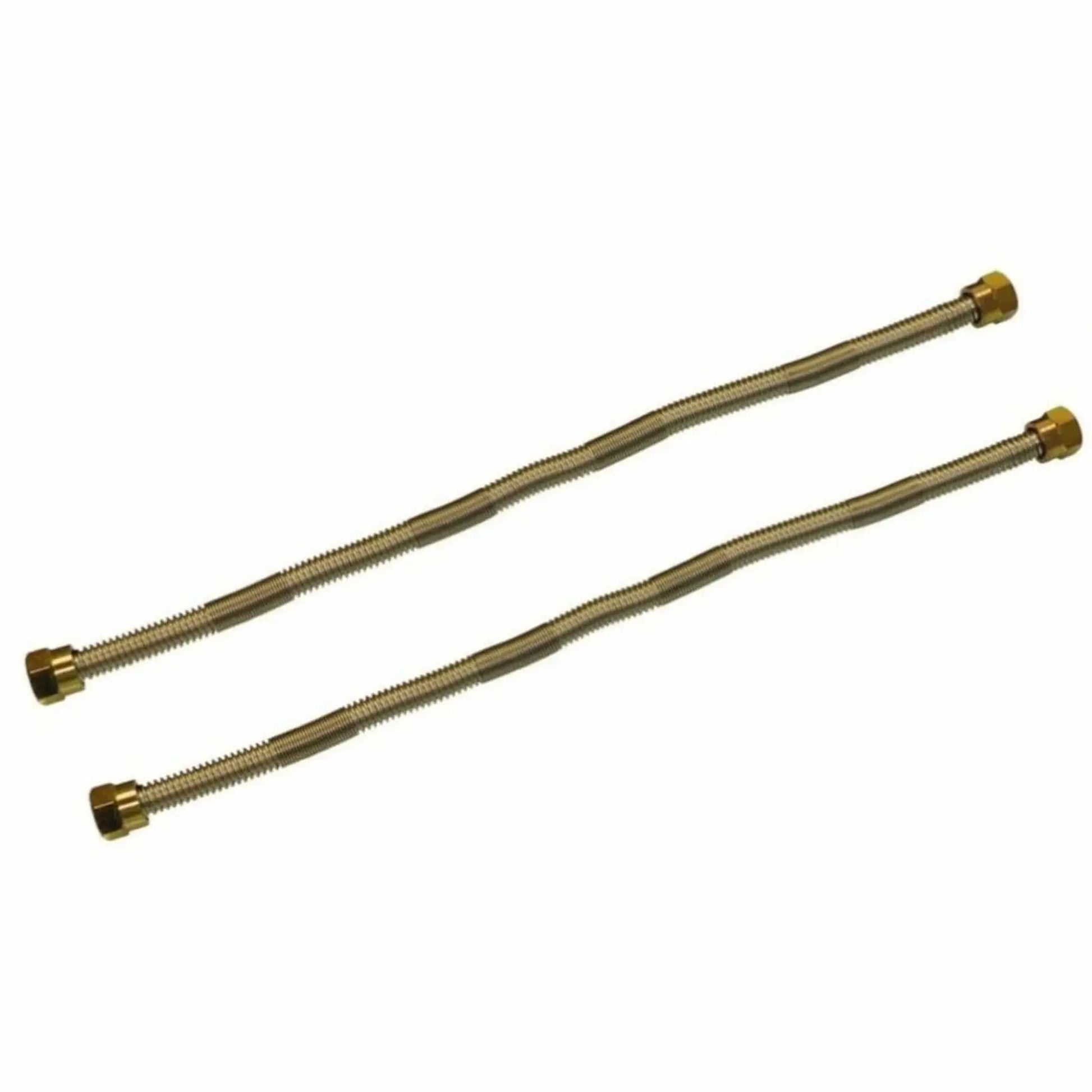 Two stainless steel whistle-free flexible gas lines designed for fire pit installations, featuring corrugated tubing and brass end fittings to reduce noise and provide a smooth, quiet gas flow.