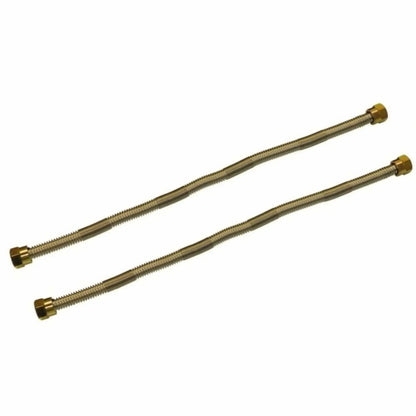 Two stainless steel whistle-free flexible gas lines designed for fire pit installations, featuring corrugated tubing and brass end fittings to reduce noise and provide a smooth, quiet gas flow.