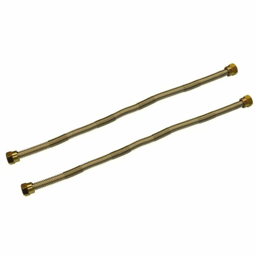 Two stainless steel whistle-free flexible gas lines designed for fire pit installations, featuring corrugated tubing and brass end fittings to reduce noise and provide a smooth, quiet gas flow.