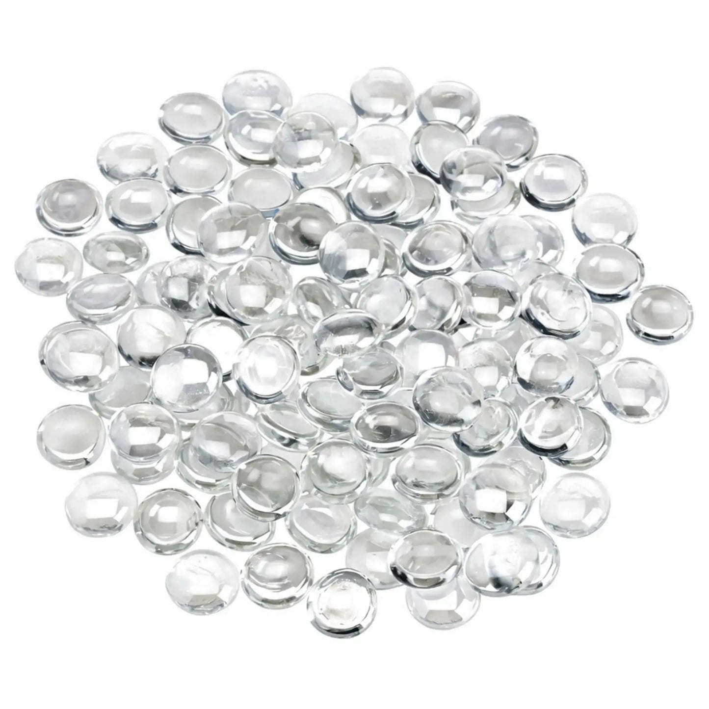 Overhead view of clear glacier ice luster fire glass beads spread in a rounded arrangement, showcasing their smooth drop shape and transparent, light-reflecting finish.