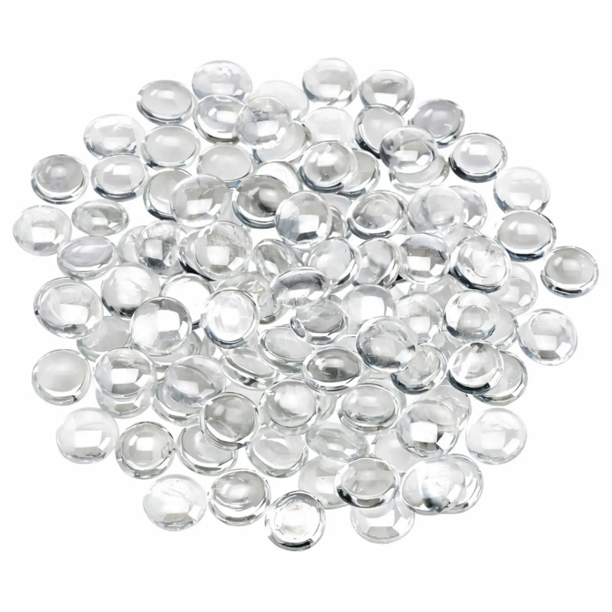 Overhead view of clear glacier ice luster fire glass beads spread in a rounded arrangement, showcasing their smooth drop shape and transparent, light-reflecting finish.