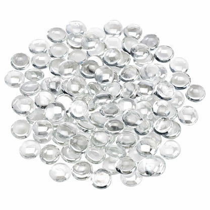 Overhead view of clear glacier ice luster fire glass beads spread in a rounded arrangement, showcasing their smooth drop shape and transparent, light-reflecting finish.