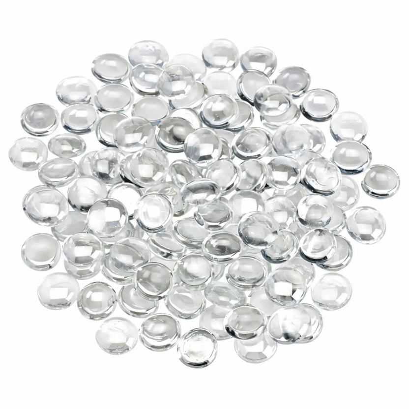 Overhead view of clear glacier ice luster fire glass beads spread in a rounded arrangement, showcasing their smooth drop shape and transparent, light-reflecting finish.