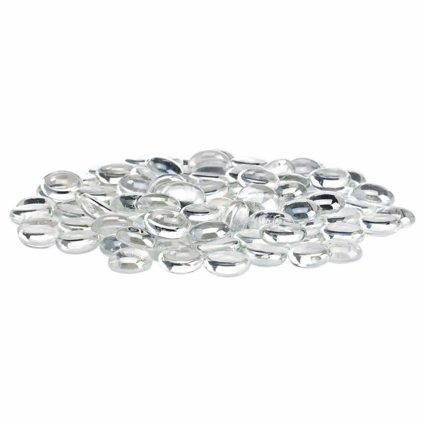 Clear glacier ice tempered glass fire pit beads with a high-gloss luster finish, rounded drop design, and crystal-like transparency, shown in a loose pile on a white background.