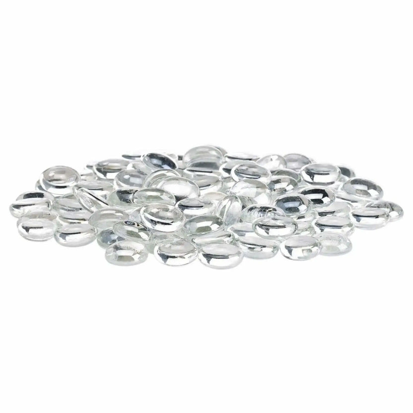 Clear glacier ice tempered glass fire pit beads with a high-gloss luster finish, rounded drop design, and crystal-like transparency, shown in a loose pile on a white background.
