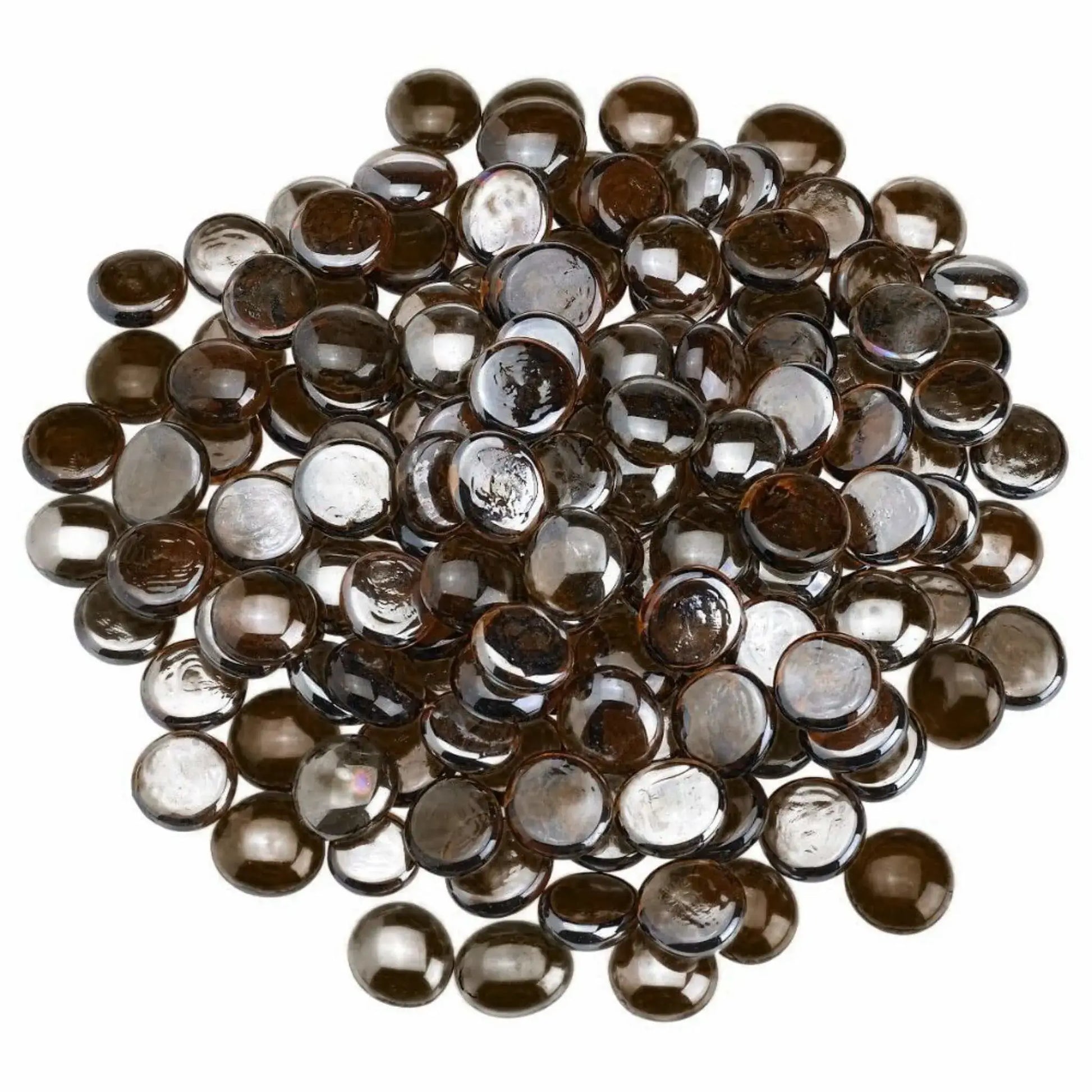 Overhead view of root beer brown tempered glass fire pit beads arranged in a loose circular pile, showcasing their rich amber tone, rounded drop shape, and glossy luster finish against a white background.