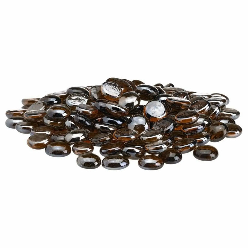 Root beer brown tempered glass fire pit beads with a deep amber tone and glossy luster finish, rounded drop shape, and polished surface displayed on a white background.