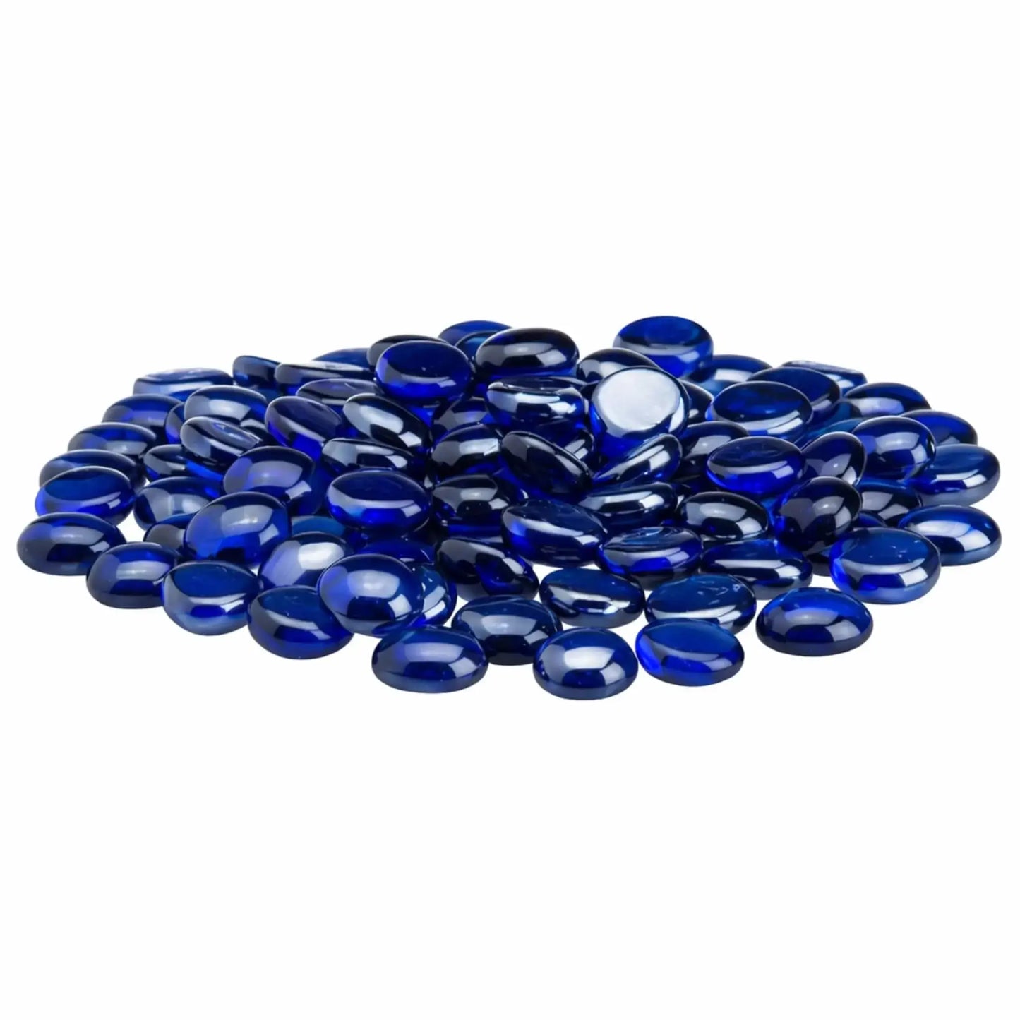 Pile of royal blue tempered glass fire pit beads with a deep cobalt hue, smooth rounded drop shape, and high-gloss luster surface displayed on a clean white backdrop.
