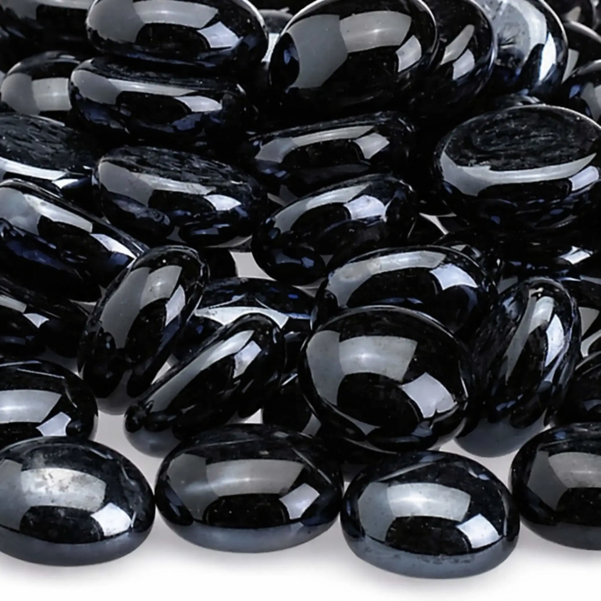 Detailed close-up of twilight black fire glass beads showing their smooth polished surface, deep black color, rounded edges, and reflective tempered glass texture.