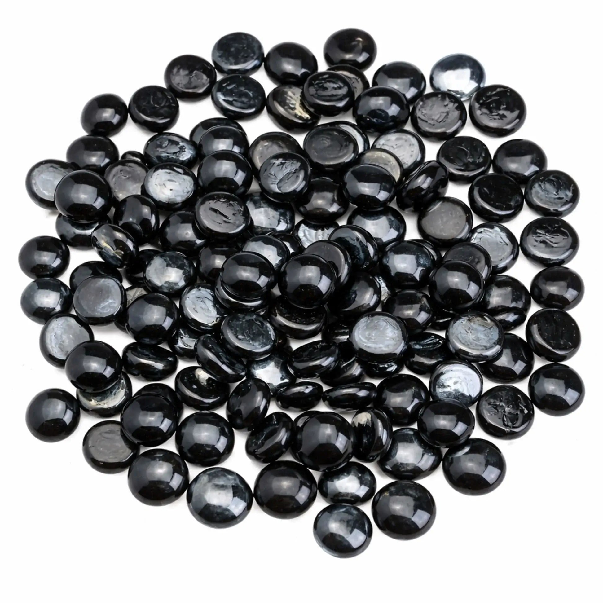 Overhead view of twilight black luster fire glass beads arranged in a rounded pile, highlighting the smooth drop shape, glossy black finish, and subtle reflective sheen.