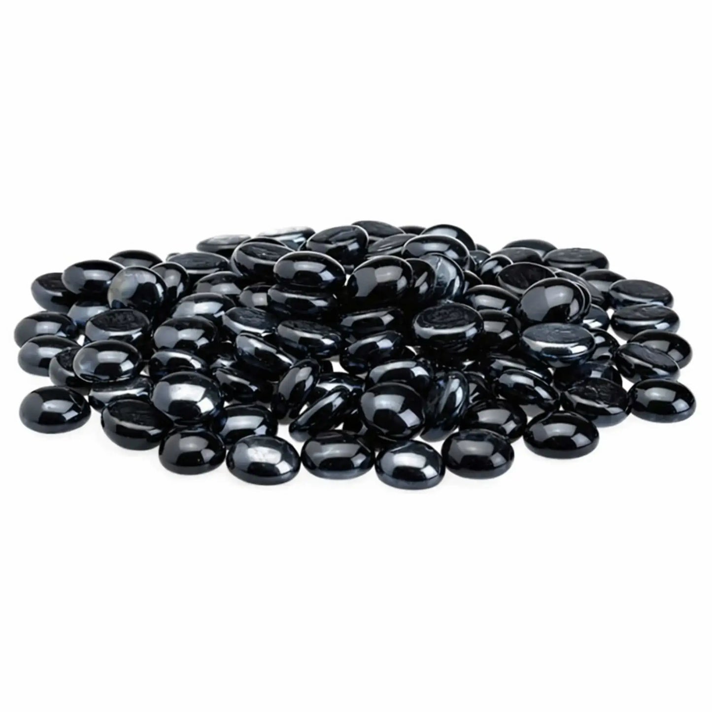 Twilight black tempered glass fire pit beads in a glossy luster finish, featuring rounded drop shapes and a sleek jet-black appearance displayed in a loose pile on white.