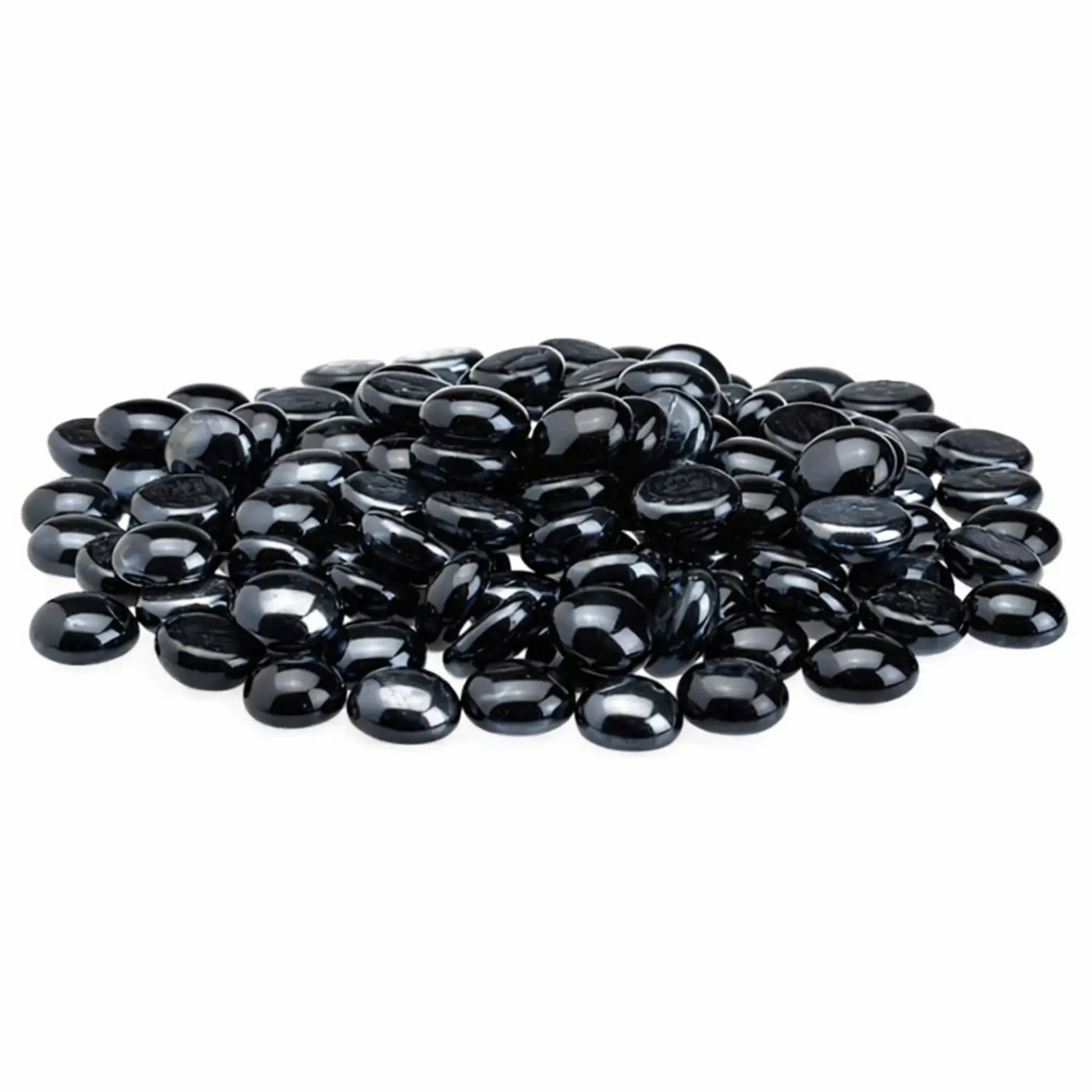 Twilight black tempered glass fire pit beads in a glossy luster finish, featuring rounded drop shapes and a sleek jet-black appearance displayed in a loose pile on white.